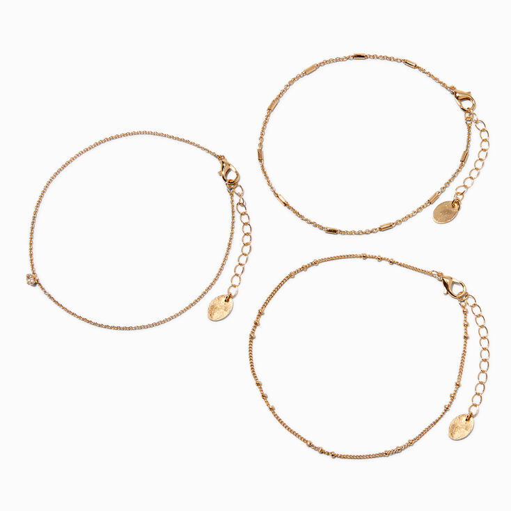 Gold-tone Dainty Rhinestone Mixed Chain Anklets - 3 Pack,
