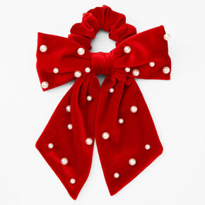Pearl Studded Bow Hair Scrunchie - Red,