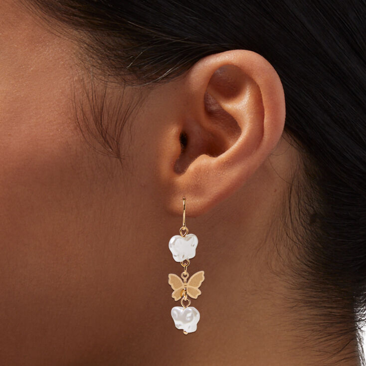 Gold Pearl Butterfly 1.5&quot; Drop Earrings,
