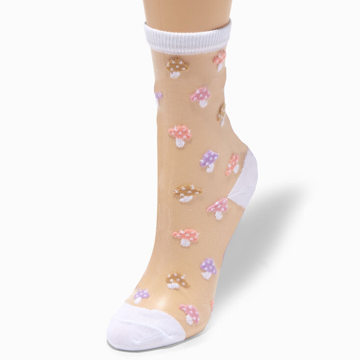 Embroidered Pastel Mushrooms Sheer Crew Socks