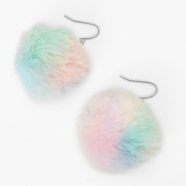 Small Pom Pom Drop Earrings - Pastel Rainbow,