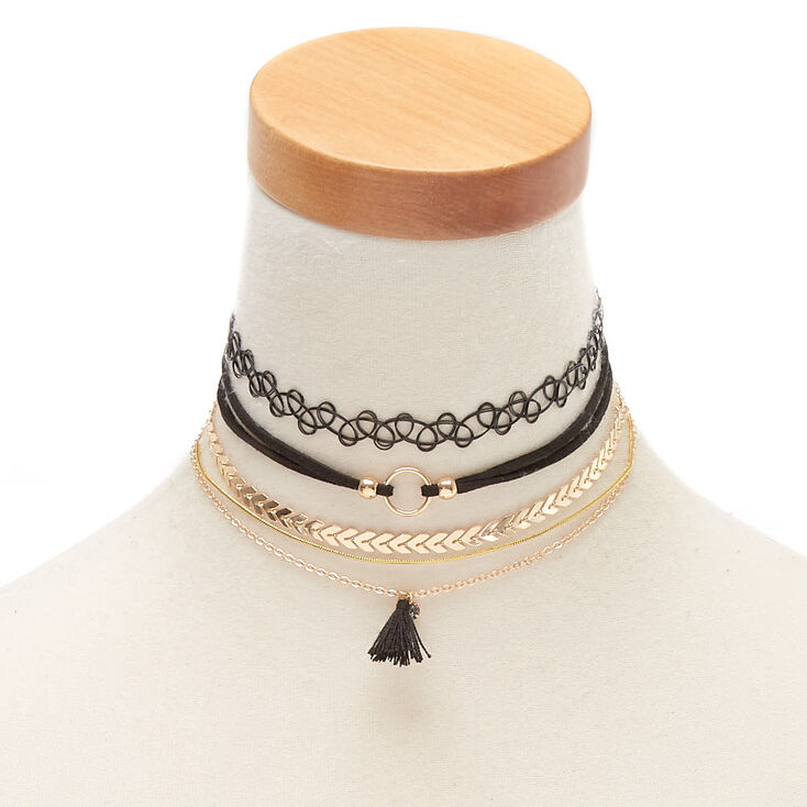 Gold Mixed Choker Necklaces - Black, 5 Pack,
