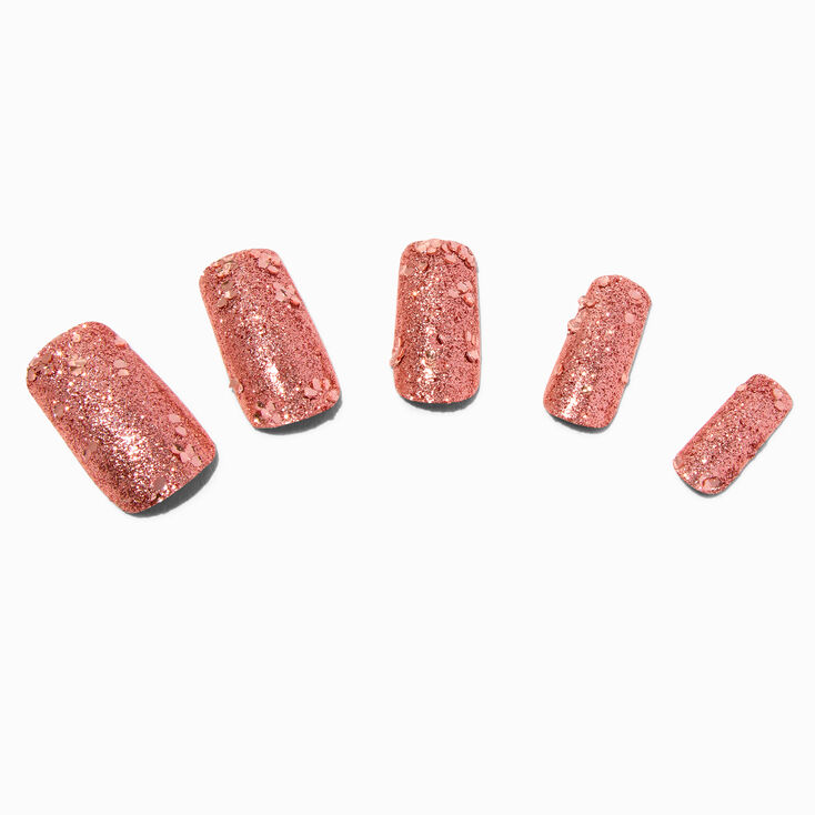 Rose Gold Glitter Long Square Vegan Faux Nail Set - 24 Pack,