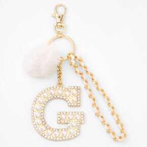 Gold Bling Initial Pom Pom Keychain - White, G,