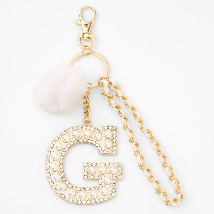 Gold Bling Initial Pom Pom Keychain - White, G,