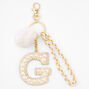 Gold Bling Initial Pom Pom Keychain - White, G,
