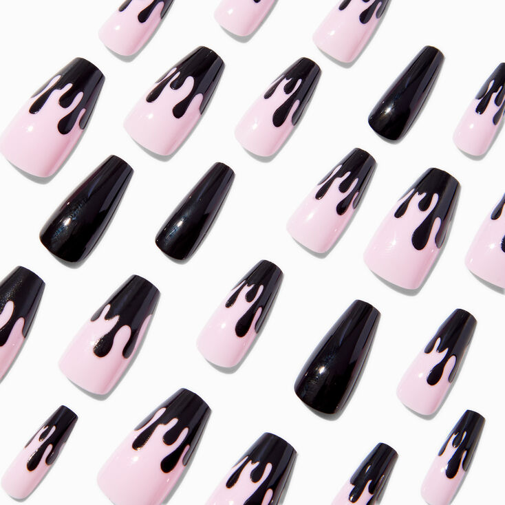 Black Drip Squareletto Faux Nail Set - 24 Pack,