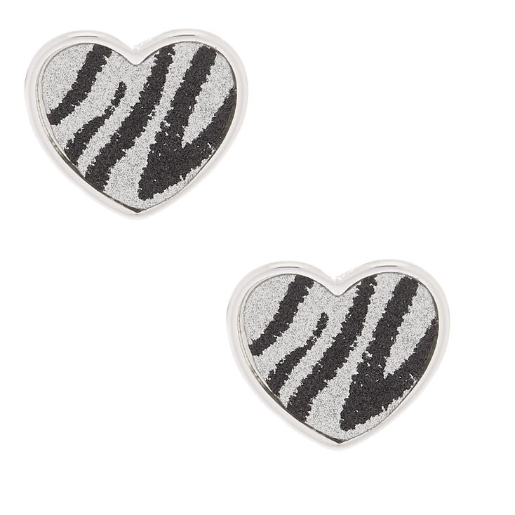 Silver Glitter Zebra Heart Stud Earrings,