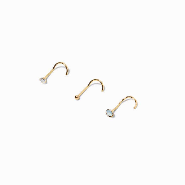 Gold Sterling Silver 22G Ball &amp; Crystal Nose Rings - 3 Pack,