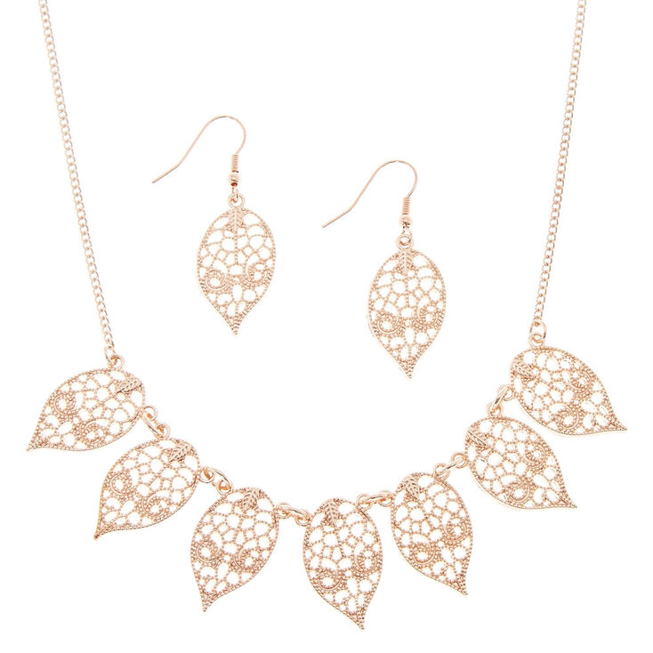 Rose Gold Filigree Leaf Jewelry Set,