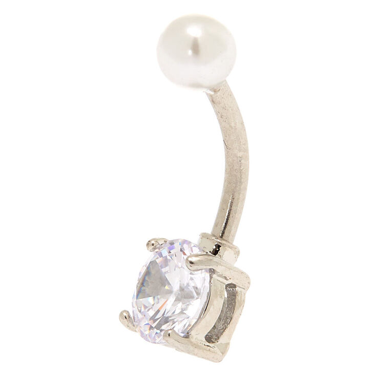 Silver 14G Pearl Top Belly Bar,