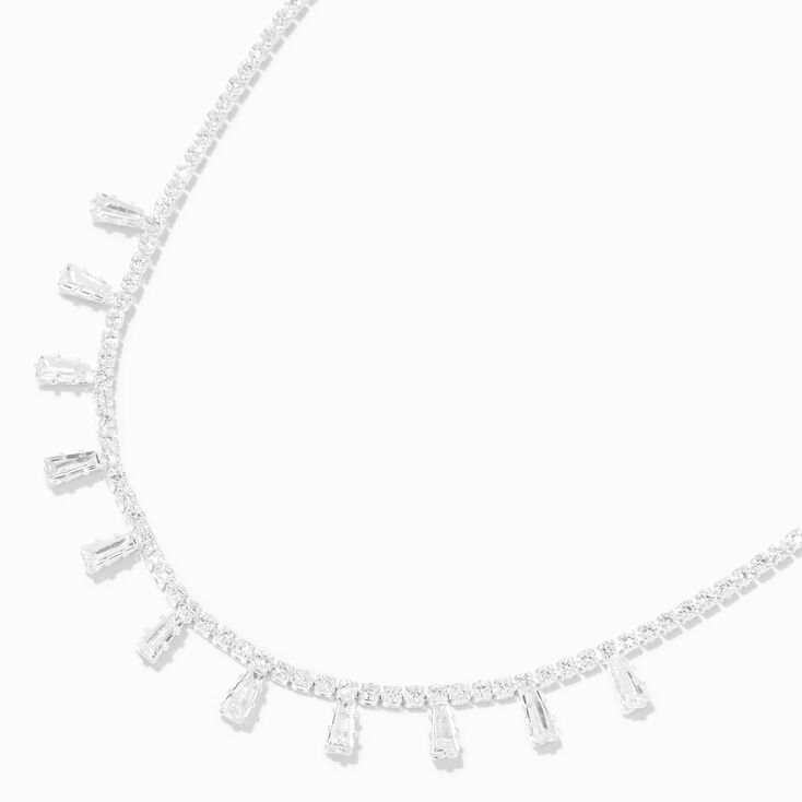 Silver Cubic Zirconia Baguette Charm Crystal Chain Necklace,