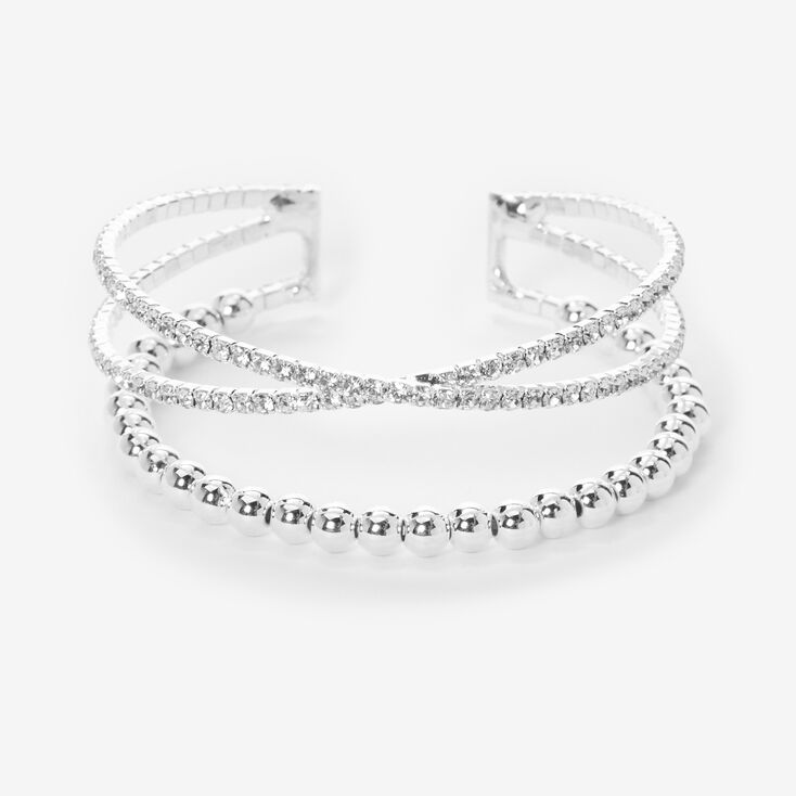 Silver Rhinestone Criss Cross &amp; Bead Cuff Bracelet,