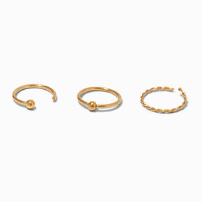 Gold 20G Open, Twist, &amp; Ball Nose Rings - 3 Pack,