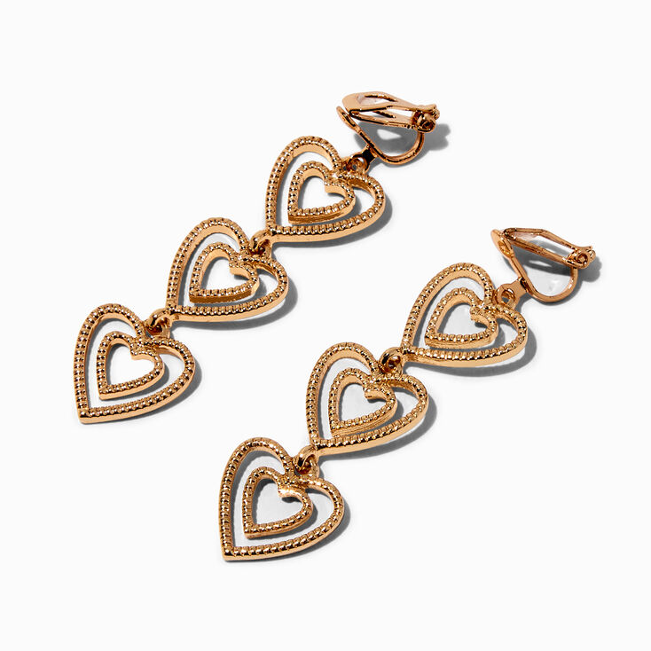 Gold-tone Stacked Hearts 2.5&quot; Linear Drop Earrings,