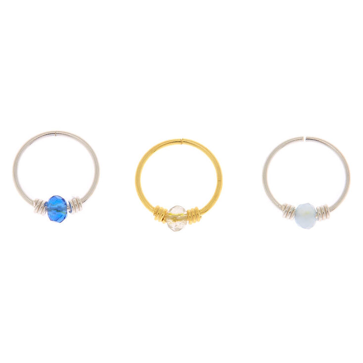 Sterling Silver Mixed Metal 22G Beaded Cartilage Hoop Earrings - 3 Pack,