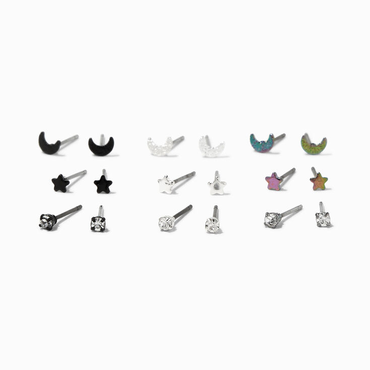 Mixed Metal Crescent Moon, Star, &amp; Crystal Stud Earrings - 9 Pack,