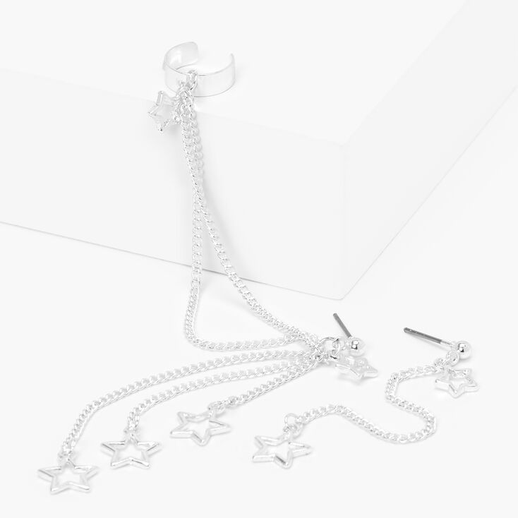 Silver Open Star Ear Cuff Connector Chain Drop Earrings | Icing US