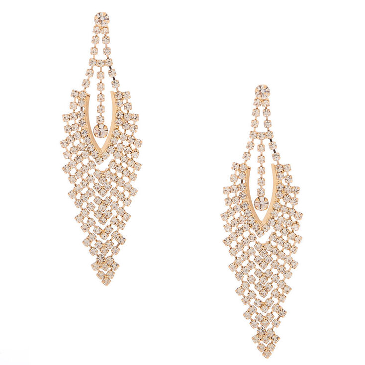 Gold Rhinestone 3" Chevron Chandelier Drop Earrings,
