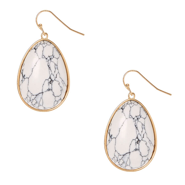 White Marbled Stone Tear Drop Earrings,