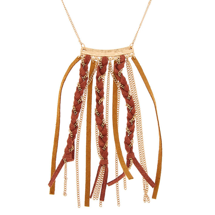 Gold Braided Suede Long Pendant Necklace - Brown,