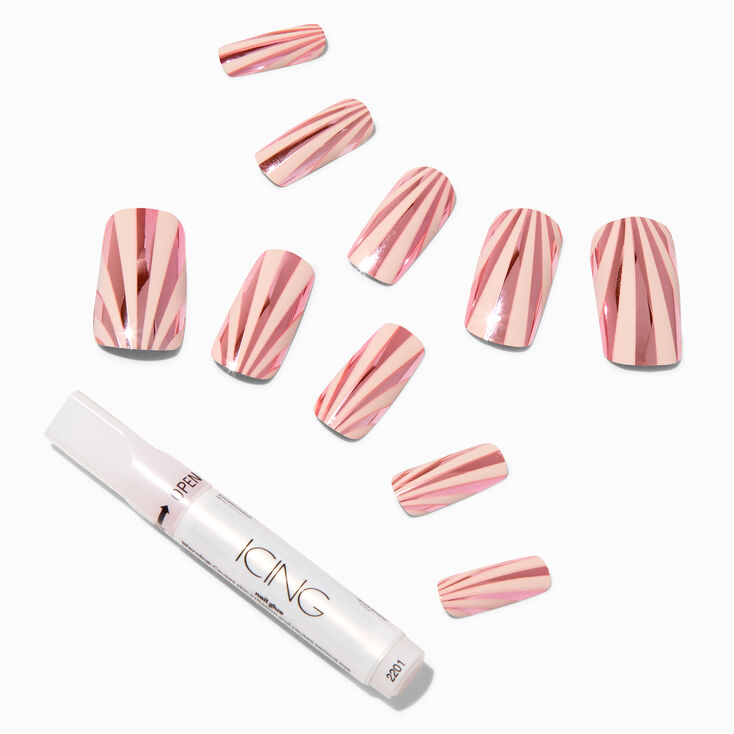 Rose Gold Sunray Long Square Vegan Faux Nail Set - 24 Pack,