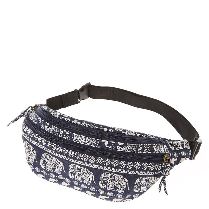 Navy Blue & White Elephant Print Fanny Pack,