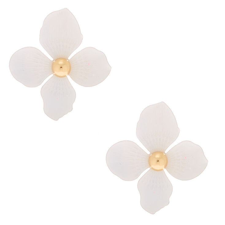Gold 2" Flower Drop Earrings - White,