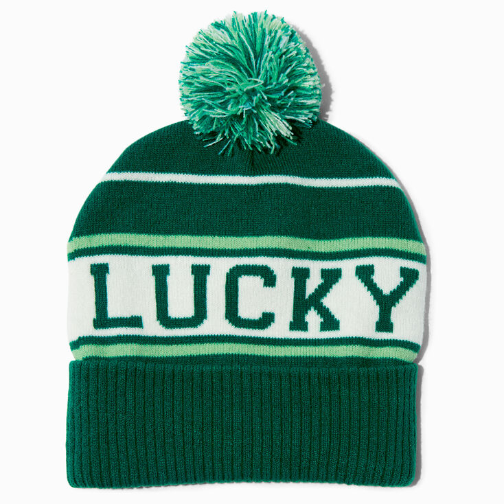  &quot;Lucky&quot; Green Striped Beanie Hat,