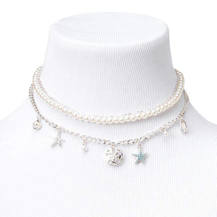 Silver Seashell Multi Strand Choker Necklaces - 2 Pack,