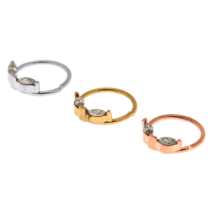 Mixed Metal 20G Oval Crystal Hoop Nose Rings - 3 Pack,