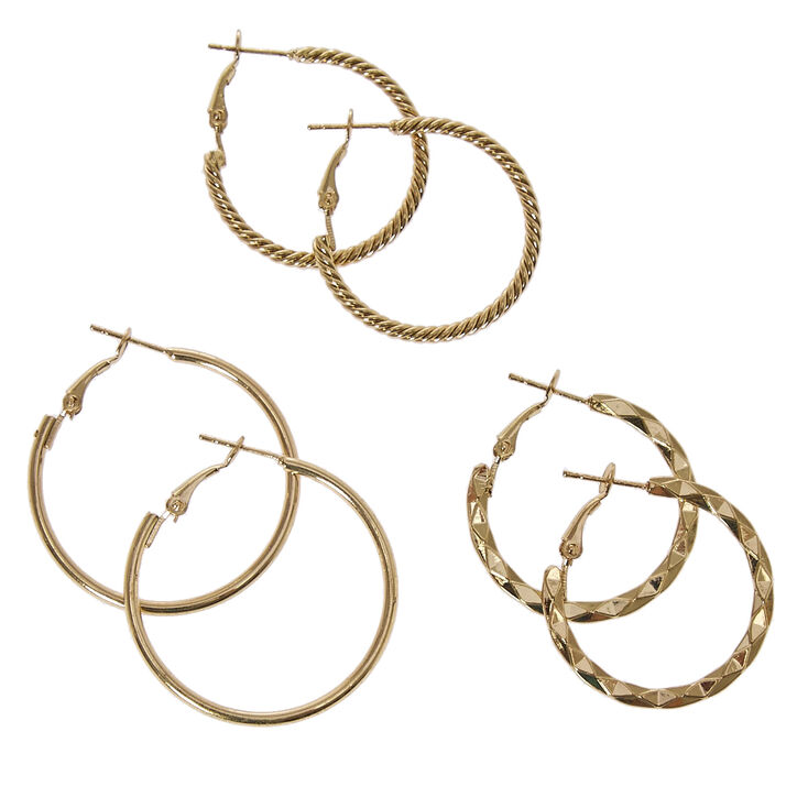 Gold Tone Graduated Textured Hoop Earrings - 3 Pack,