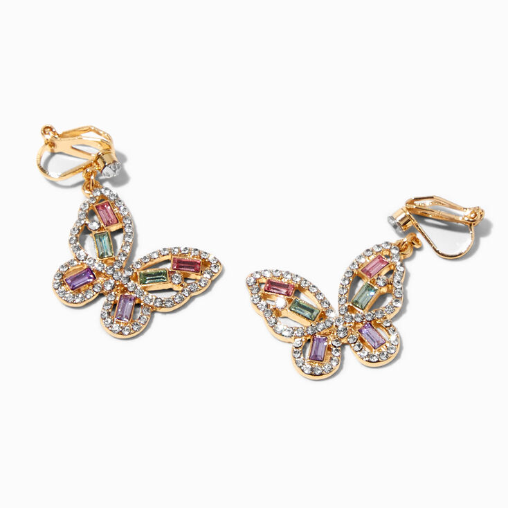 Crystal Baguette Gold Butterfly 1&quot; Drop Earrings,