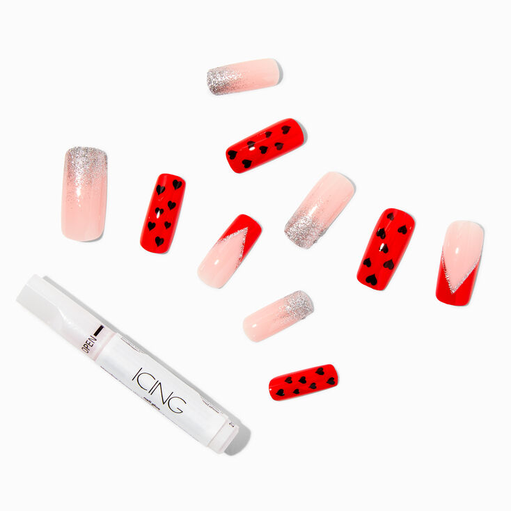 Red Hearts Glitter Tip Long Square Vegan Faux Nail Set - 24 Pack,