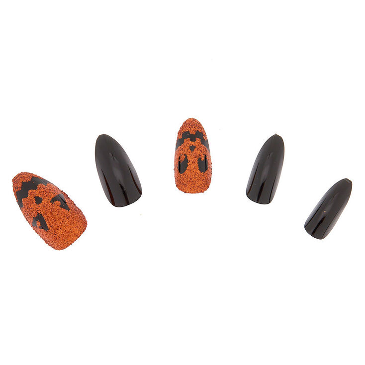 Glitter Pumpkin Faux Nail Set - Black, 24 Pack,