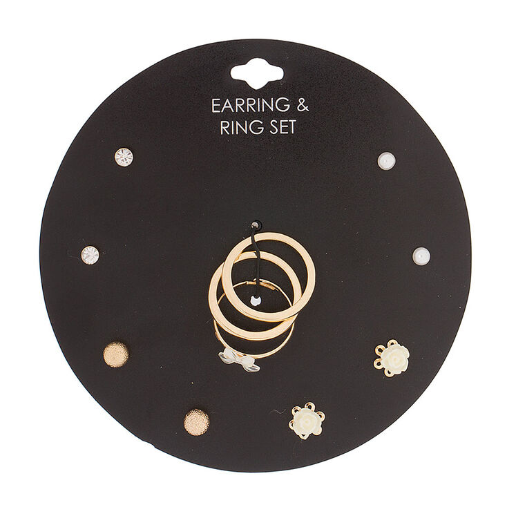 Gold Roses Earrings & Rings Jewelry Set,