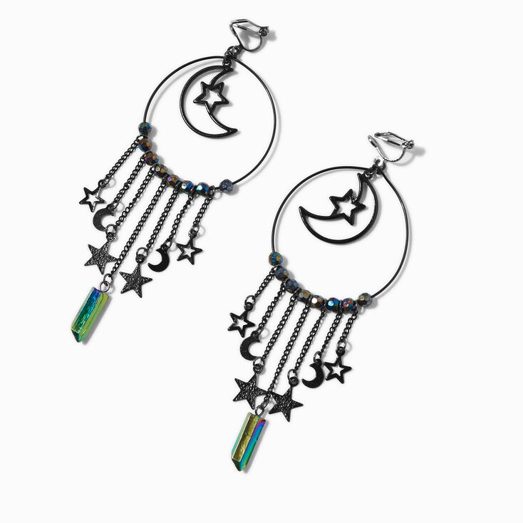 Crescent Moon Chain Fringe 4&quot; Clip-On Drop Earrings,