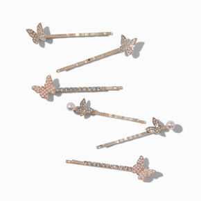 Rose gold-tone Butterfly Rhinestone Pearl Hair Pins - 6 Pack,