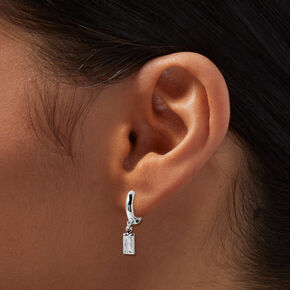 Silver-tone Cubic Zirconia Rectangle 10MM Huggie Hoop Earrings,