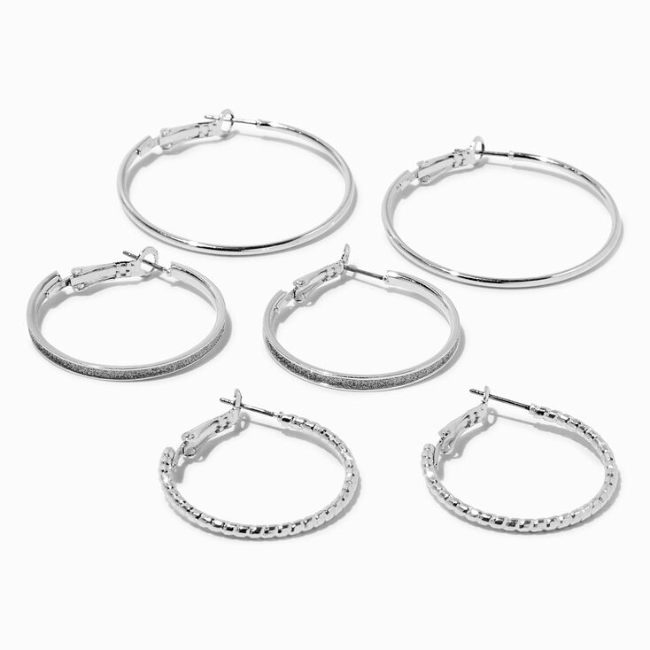 Silver-tone Graduated Textured Hoop Earrings - 3 Pack,