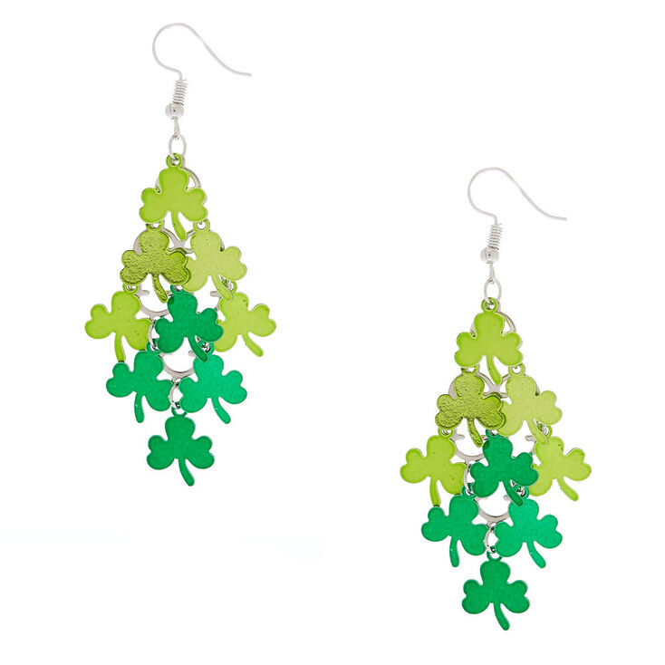 Silver 2.5" Shamrock Chandelier Drop Earrings - Green,