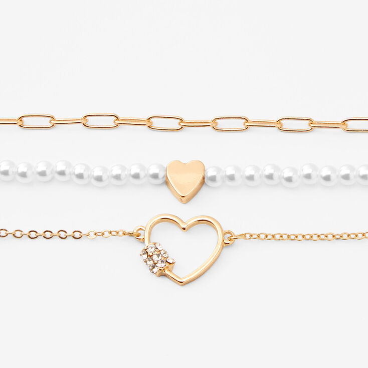 Gold &amp; Pearl Heart Chain Choker Necklaces - 3 Pack,