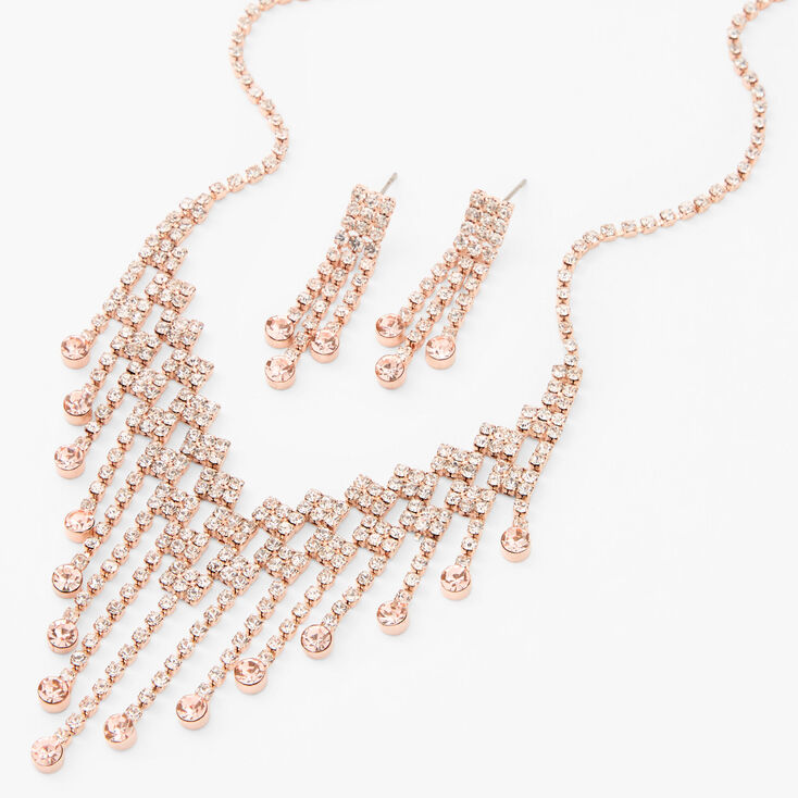 Rose Gold Waterfall 16&quot; Necklace &amp; 1&quot; Drop Earrings Set,