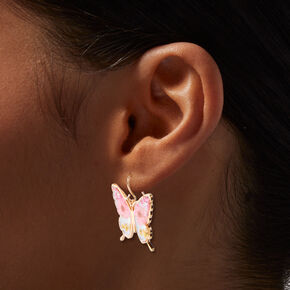 Gold-tone Pressed Flowers Butterfly 1&quot; Drop Earrings ,