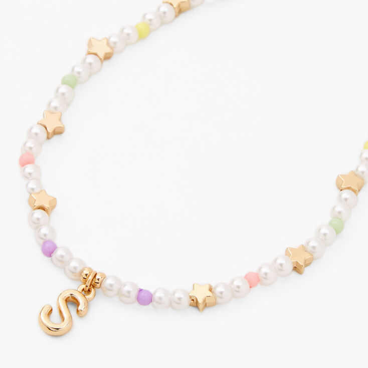 Gold Star &amp; Pastel Pearl Initial Pendant Necklace - S,