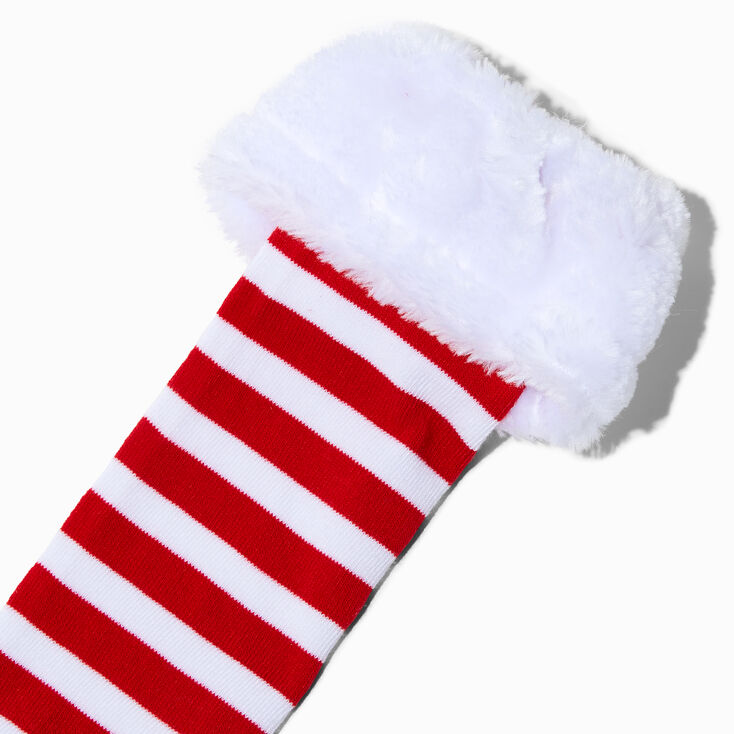 Furry Trim Red &amp; White Striped Over the Knee Socks,