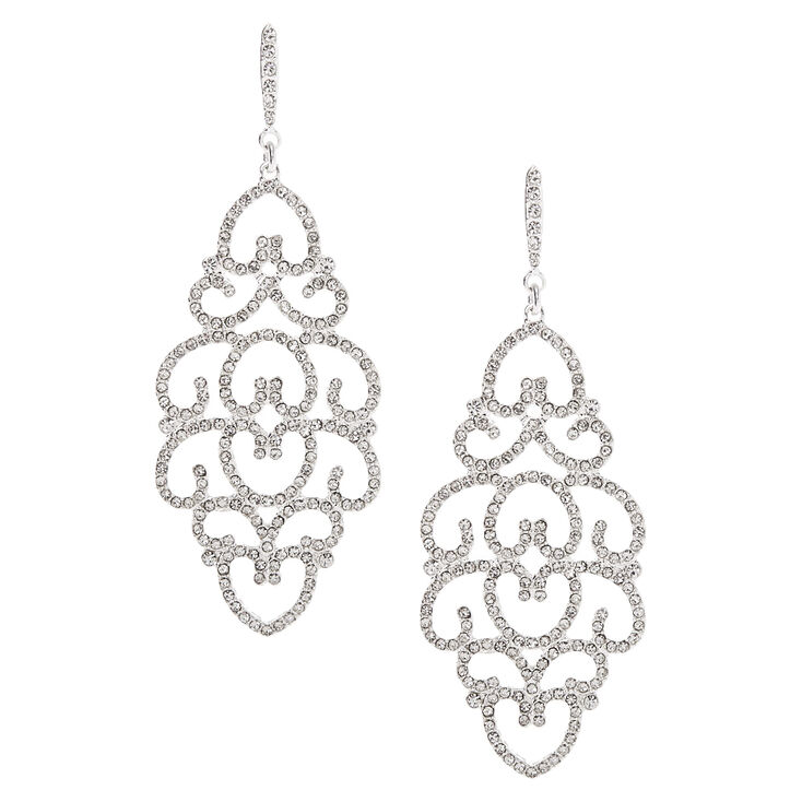 Silver Rhinestone 2.5" Filigree Drop Earrings,