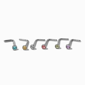 Silver-tone Stainless Steel Pastel Stone 20G Nose Studs - 6 Pack,
