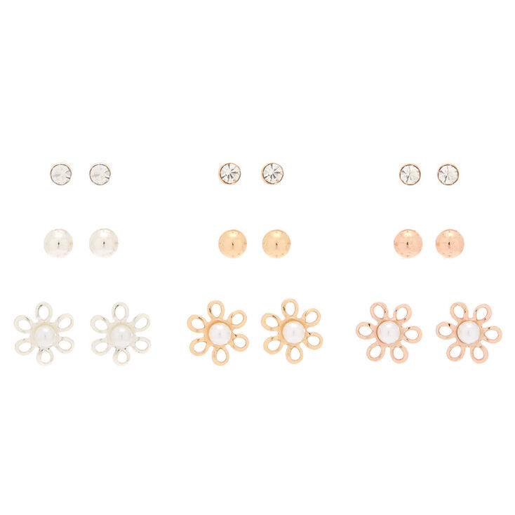 Mixed Metal Flower Stud Earrings - 9 Pack,