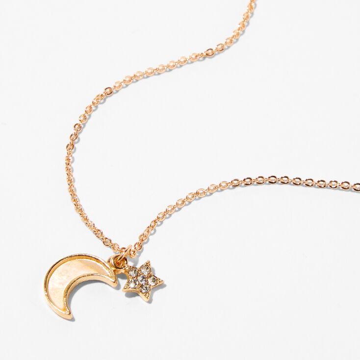 Gold Iridescent Moon &amp; Star Pendant Necklace,